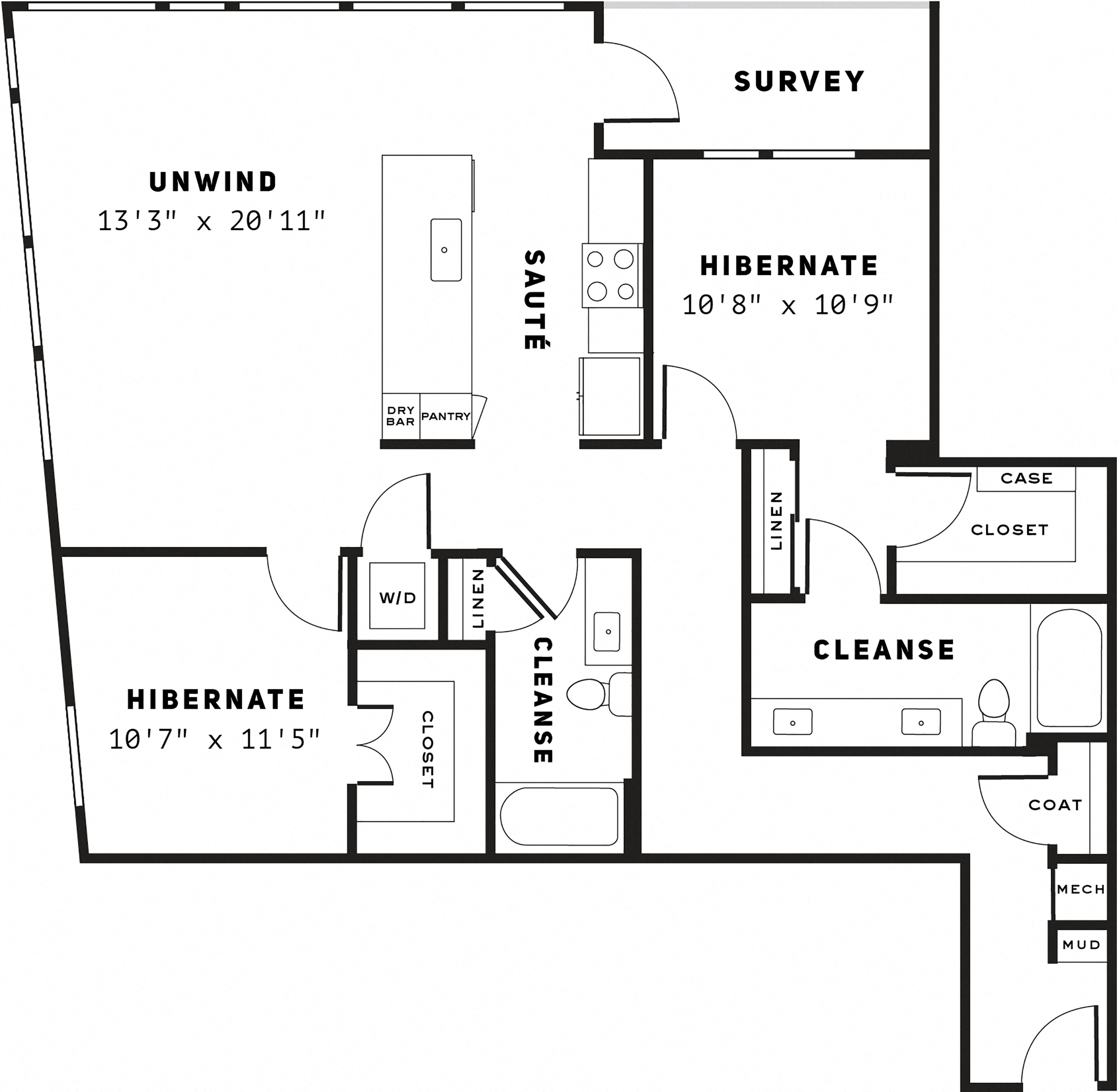 Floor plan for 2 beds, 2 baths, 1269 sqft